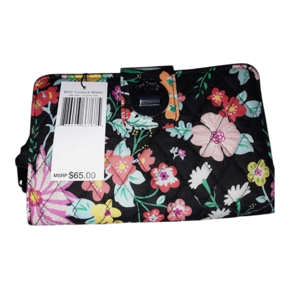 Vera Bradley RFID Turn Lock Wallet in TANGERINE TWIST‎ Black Floral New - Picture 8 of 9